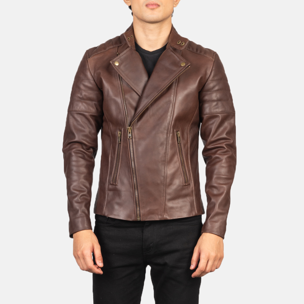 Mens Faisor Brown Leather Biker Jacket Open Front-4-1634133848092